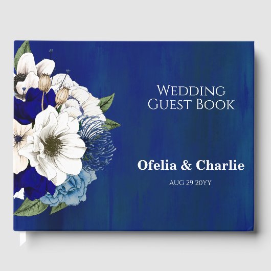 Modern Cobalt Dusty Blue White Floral Wedding Gastenboek (Voorkant)