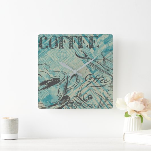 Modern Coffee Art Sketch Blue Vierkante Klok (Huis)