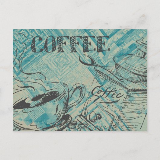 Modern Coffee Lovers Cafe Art Sketch Blue Briefkaart (Voorkant)