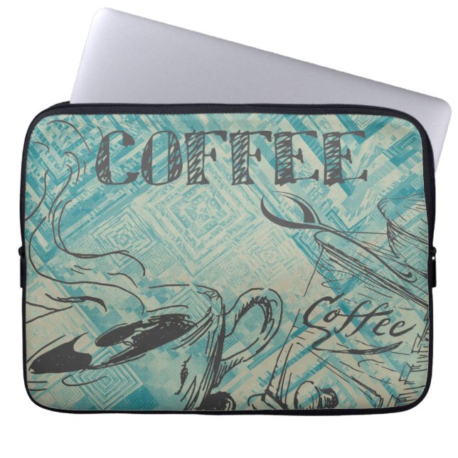 Modern Coffee Lovers Cafe Art Sketch Blue Laptop Sleeve (Voorkant)