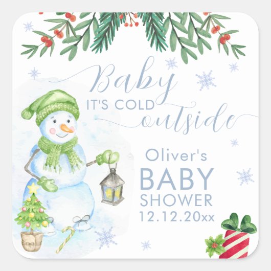 Modern Cold Outside Floral Snowman Baby Shower Vierkante Sticker (Voorkant)
