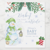 Modern Cold Outside Floral Snowman Baby Shower Wijn Etiket (Enkel label)
