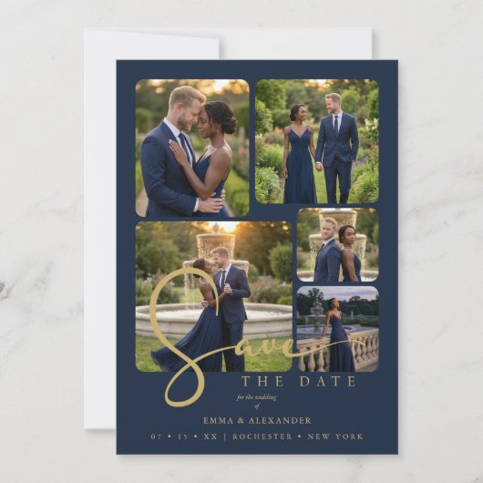 Modern Collage 5-Photo Wedding Navy Blue Save The Date (Voorkant)