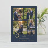 Modern Collage 5-Photo Wedding Navy Blue Save The Date (Staand voorkant)