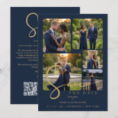 Modern Collage 5-Photo Wedding Navy Blue Save The Date (Voorkant / Achterkant)