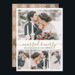 Modern Collage Getrouwd en Vrolijk Kerstfeest Kaar Feestdagenkaart<br><div class="desc">Moderne Elegante Kalligrafie Wit en Gouden Kalligrafie 4 Fotocollage Getrouwd en Vrolijke Kerstmis Kaart. Deze mimalistische feestelijke pasgetrouwde kerstkaart heeft vier (4) rasterfotocollage en begroetingstekst "Married and Merry" die is geschreven in een prachtig met de hand geletterd swash-tail lettertype in goud en wit. Aan de achterkant besneeuwde sneeuwvlokken op faux...</div>