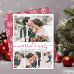 Modern Collage Getrouwd en Vrolijk Kerstfeest Kaar Feestdagenkaart<br><div class="desc">Moderne Elegante Kalligrafie Witte en Rode Kalligrafie 4 Fotocollage Getrouwd en Vrolijke Kerstmis Kaart. Deze mimalistische feestelijke pasgetrouwde kerstkaart heeft vier (4) rasterfotocollage en begroetingstekst "Married and Merry" die is geschreven in een prachtige met de hand geletterde swash-tail lettertype in rood en wit. Op de achterkant sneeuwvlokken in rood en...</div>