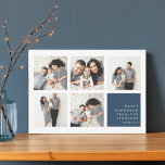 Modern Collage | Hanukkah-fotokaart Feestdagenkaart<br><div class="desc">De moderne Hanukkah-fotocollage bevat vijf vierkante foto's die in een rasterlay-out zijn geplaatst,  met uw persoonlijke vakantiebericht en namen in wit op lichtrokerblauw van de marine rechts onderaan. Een eenvoudig en minimaal Hanukkah-ontwerp dat van je favoriete foto's show.</div>
