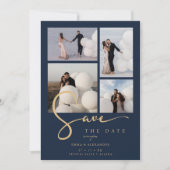 Modern Collage Wedding Navy Blue & Faux Gold Scrip Save The Date (Voorkant)