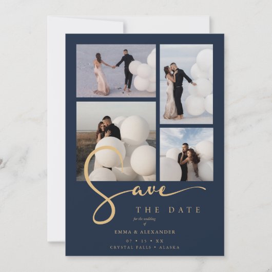 Modern Collage Wedding Navy Blue & Faux Gold Scrip Save The Date (Voorkant)