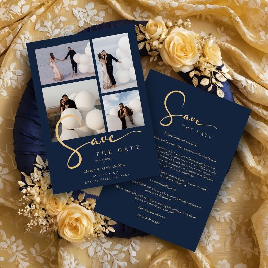 Modern Collage Wedding Navy Blue & Faux Gold Scrip Save The Date