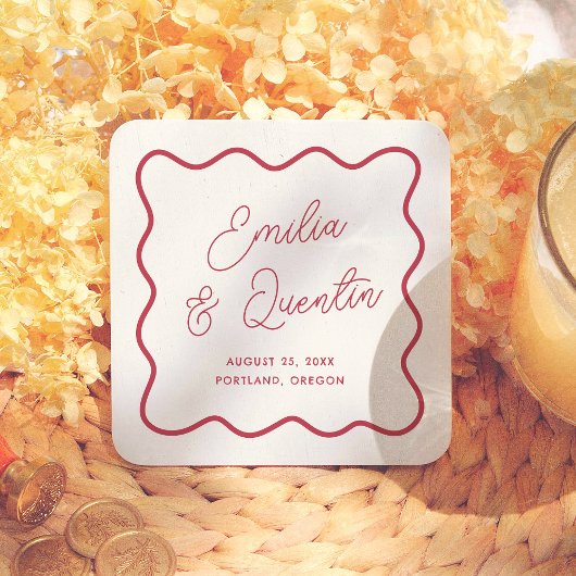 Modern Colorful Bold Wavy Frame Retro Wedding Kartonnen Onderzetters