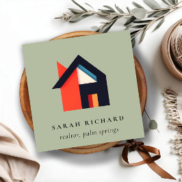 Modern Colorful House Logo Realtor Green Grey Red Vierkante Visitekaartje