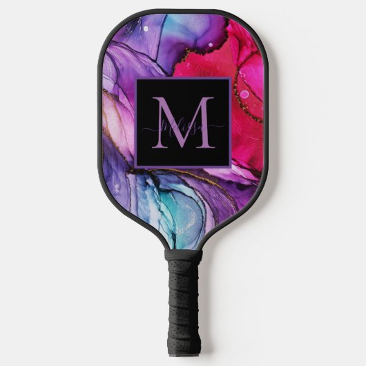 Modern Colorful Marbled Monogram Name Pickleball Paddle (Voorkant)