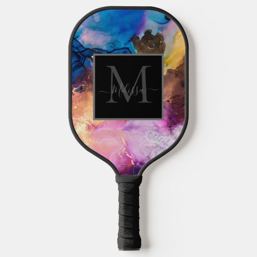 Modern Colorful Marbled Monogram Pickleball Paddle (Voorkant)