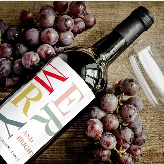 Modern Colorful Merry en Bright | PRETTIGE FEESTDA Wijn Etiket