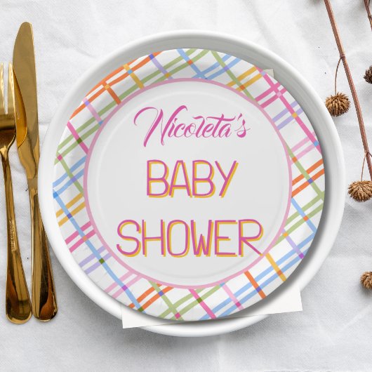 Modern Colorful Plaid Baby Shower Theme Papieren Bordje
