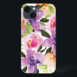 Modern Colorful Preppy Waterverf Boho Flowers iPhone 13 Hoesje<br><div class="desc">Moderne waterverf bloemen. Paarse perzik en roze bloemen boven witte achtergrond</div>