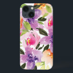 Modern Colorful Preppy Waterverf Boho Flowers iPhone 13 Hoesje<br><div class="desc">Moderne waterverf bloemen. Paarse perzik en roze bloemen boven witte achtergrond</div>