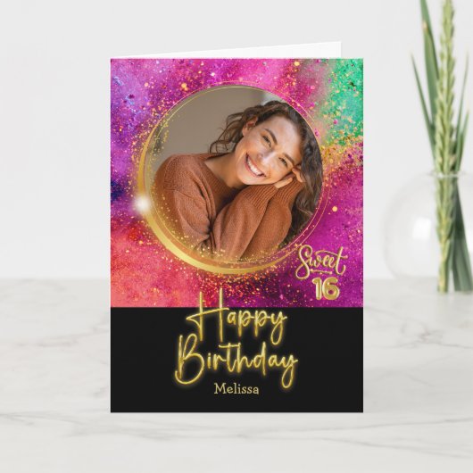 Modern Colorful Sweet 16 Photo & Name Birthday Kaart (Voorkant)