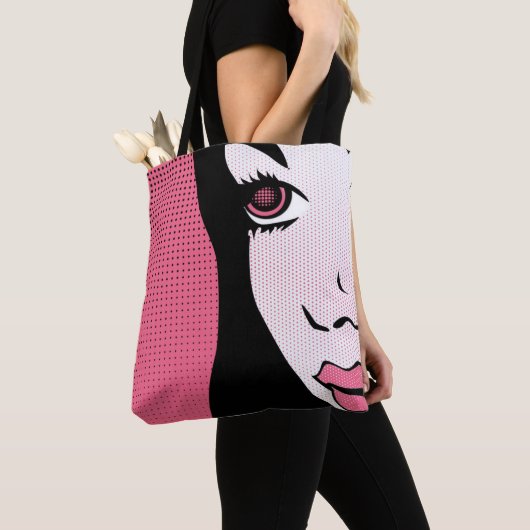 Modern Comic Book Pop Art of Woman's Face Tote Bag (Dichtbij)