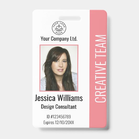 Modern Company Logo Photo Pink Employee ID Badge (Front)
