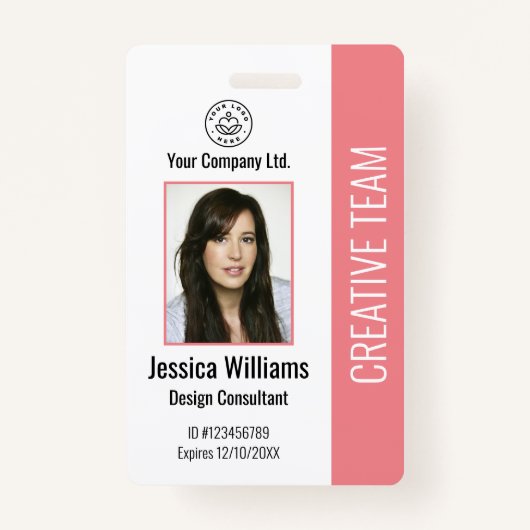 Modern Company Logo Photo Pink Employee ID Badge (Voorkant)
