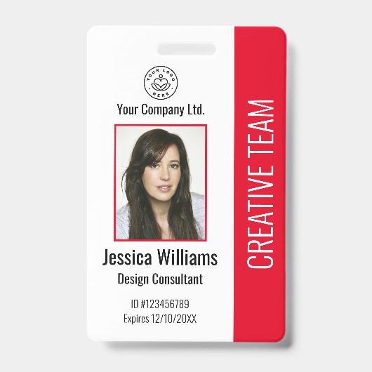 Modern Company Logo Photo Red Employee ID Badge (Front)