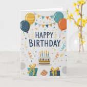 Modern Confetti & Balloons Happy Birthday Card Kaart (Gele Bloem)