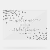 Modern Confetti Vrijgezellenfeest Welcome Silver Acryl Bord (Voorkant)