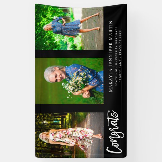Modern Congrats 3 foto Afstuderen banner - zwart (Verticaal)
