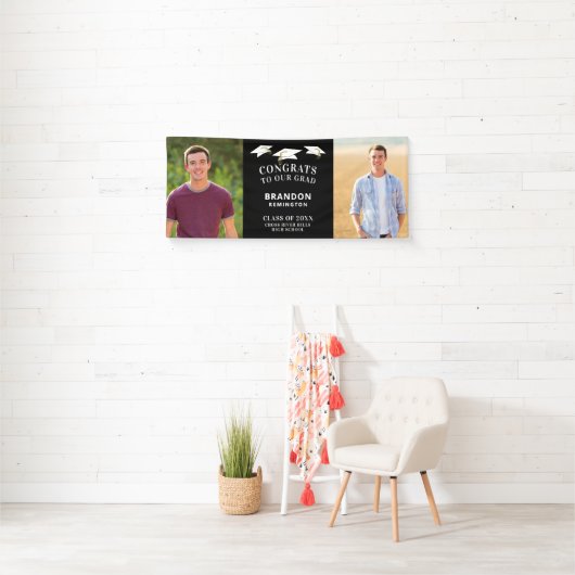 Modern CONGRATS AFSTUDEERDER Pet Twee foto's Zwart Spandoek (Insitu)