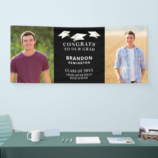 Modern CONGRATS AFSTUDEERDER Pet Twee foto's Zwart Spandoek (Beurs)