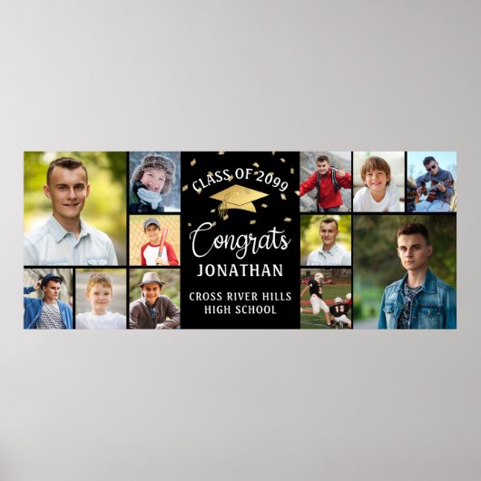 Modern Congrats Afstuderen 12 Photo Collage Black Poster (Voorkant)