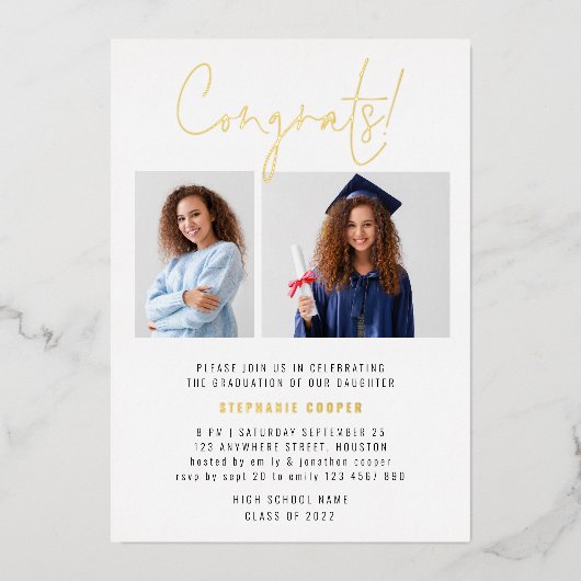 Modern Congrats Afstuderen 2024 2 foto's Gold Real Folie Uitnodiging (Voorkant)