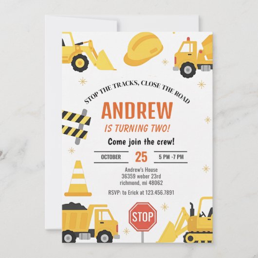 Modern Construction Birthday party Invitation boy Kaart (Voorkant)