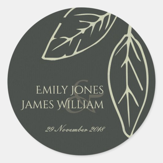 MODERN CONTEMPORARY BLACK & WHITE LEAVES WEDDING RONDE STICKER (Voorkant)