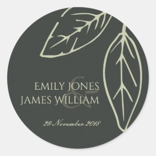 MODERN CONTEMPORARY BLACK & WHITE LEAVES WEDDING RONDE STICKER