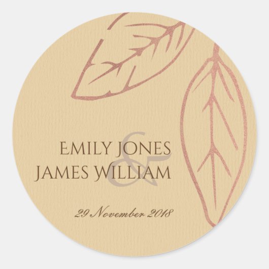 MODERN CONTEMPORARY KRAFT PEACH LEEFT WEDDING RONDE STICKER (Voorkant)
