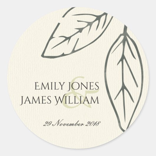 MODERN CONTEMPORARY KRAFT WHITE LEAVES WEDDING RONDE STICKER (Voorkant)