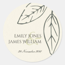 MODERN CONTEMPORARY KRAFT WHITE LEAVES WEDDING RONDE STICKER