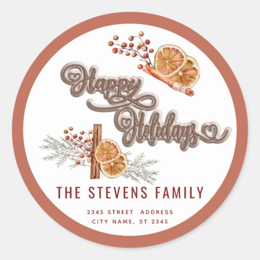Modern cookiescript happy holiday kaneel sinaasapp ronde sticker (Voorkant)