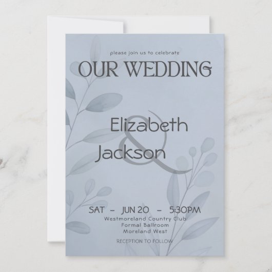 Modern Cool Blue Botanical Typography Wedding   Kaart (Voorkant)
