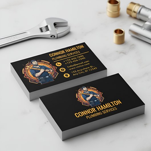 Modern Cool Cartoon Plumber Blue Orange Visitekaartje