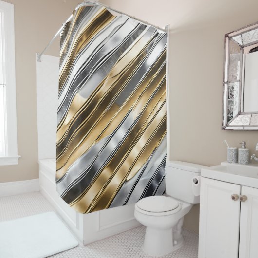 Modern, cool, chic, silver and gold stripe pattern douchegordijn (In situ)