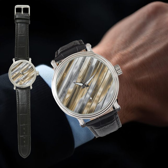 Modern, cool, chic, silver and gold stripe pattern horloge (Creator heeft geüpload)