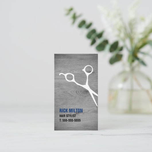 Modern Cool Gray Wooden White Scissor Haarstylist Visitekaartje (Staand voorkant)