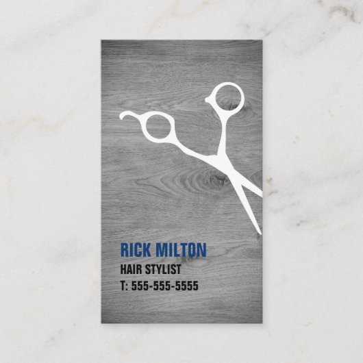 Modern Cool Gray Wooden White Scissor Haarstylist Visitekaartje (Voorkant)