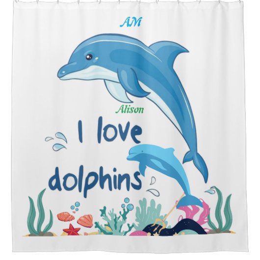 Modern Cool I Love Dolphins citaten Naam Monogram Douchegordijn (Voorkant)