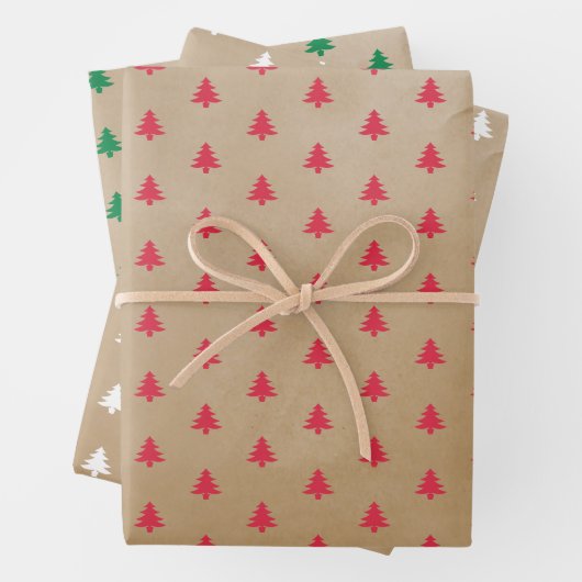 Modern Cool Kraft White Red Green Trees Inpakpapier Vel (In situ)